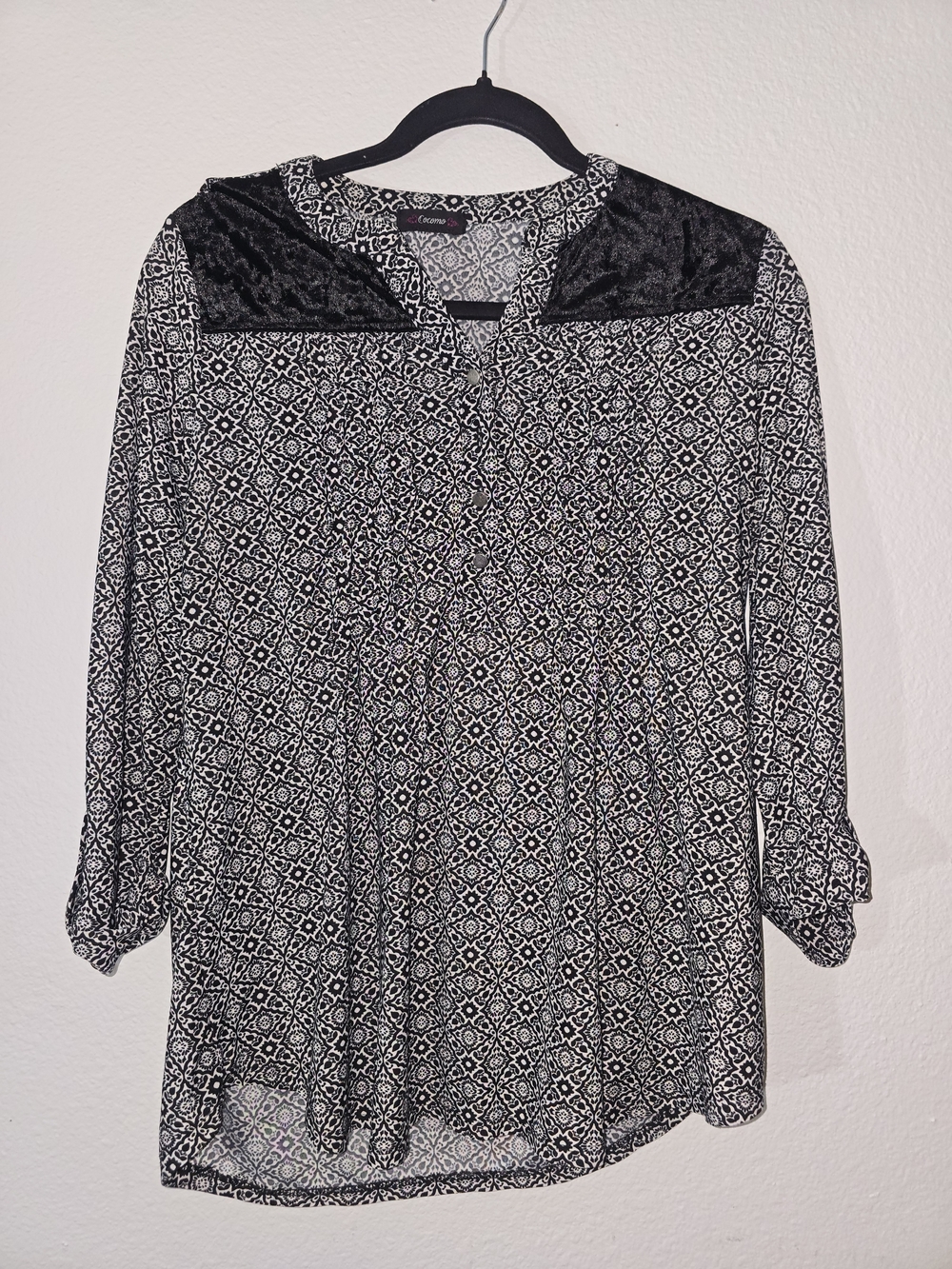 Cocomo Black and White Printed Blouse with Velvet Yoke
